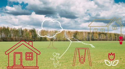 Illustration av hus, träd, gunga och blommor ovanpå ett foto av en grön äng med skog och molnig himmel i bakgrunden.