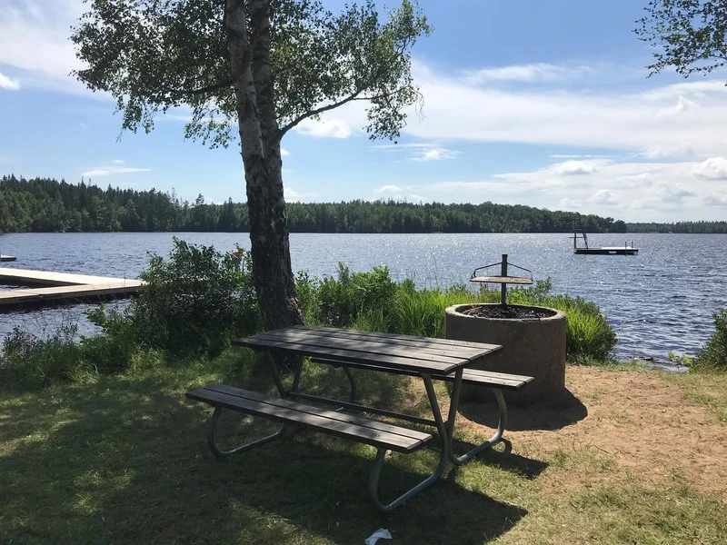Grillplats vid en sjö med picknickbord och eldstad i förgrunden, omgiven av gräs och buskar. En brygga sträcker sig ut i vattnet till vänster, med skogsklädda kullar i bakgrunden under en blå himmel med moln.