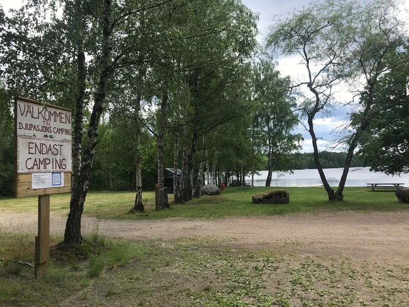 Campingområde vid en sjö omgivet av grönskande träd. En träskylt med texten 'Välkommen till Djupasjöns Camping Endast Camping' står i förgrunden. Marken består av gräs och jord, med picknickbord och stora stenar utspridda. Sjön i bakgrunden speglar den molniga himlen.