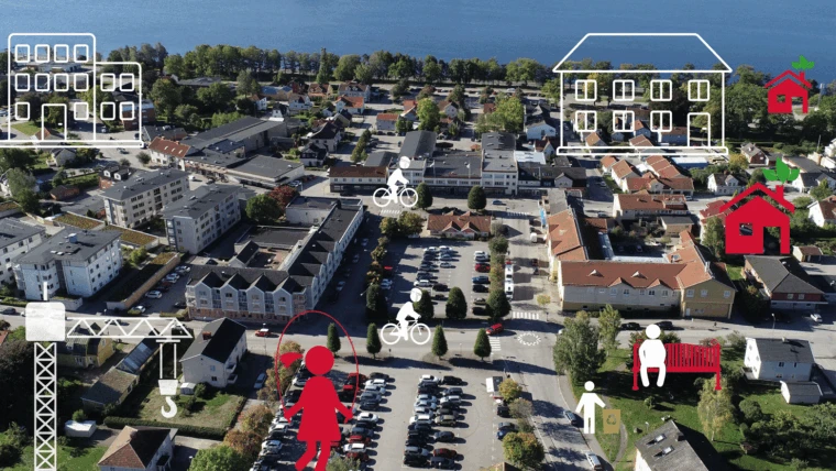 Flygbild över ett bostadsområde nära en sjö, med parkeringsplatser, hus och grönområden. Bilden innehåller grafiska illustrationer av byggnader, människor, cyklar och lek, som symboliserar olika funktioner och aktiviteter i området.